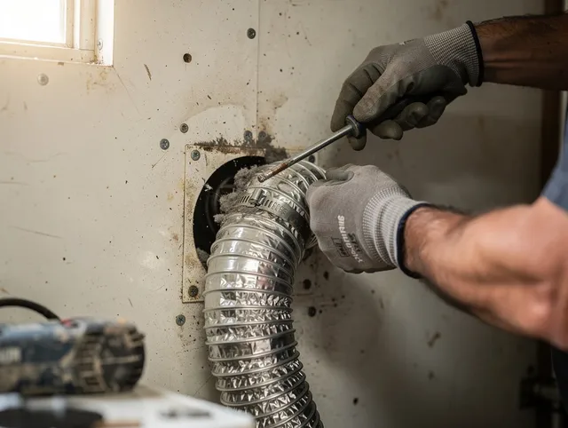 San Clemente Dryer Vent Cleaning technician performing precise dryer vent hose installation in San Clemente